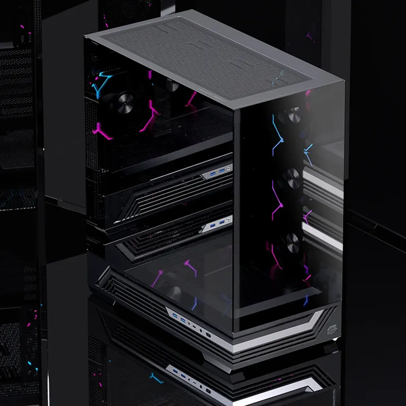 Mirror-finished tempered glass panel on the S800 case reflecting the surrounding environment.