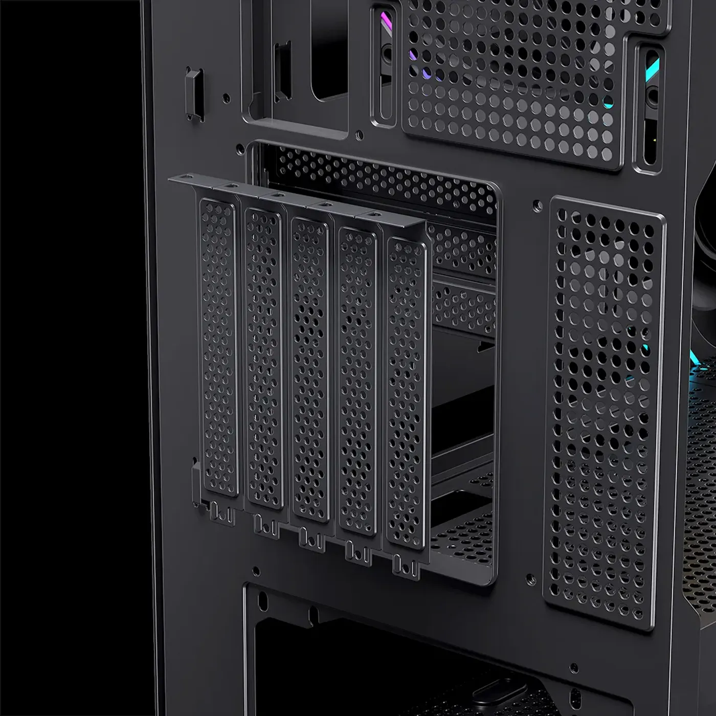 Close-up of the rotatable PCIe slots showing vertical and horizontal mounting options for a graphics card.