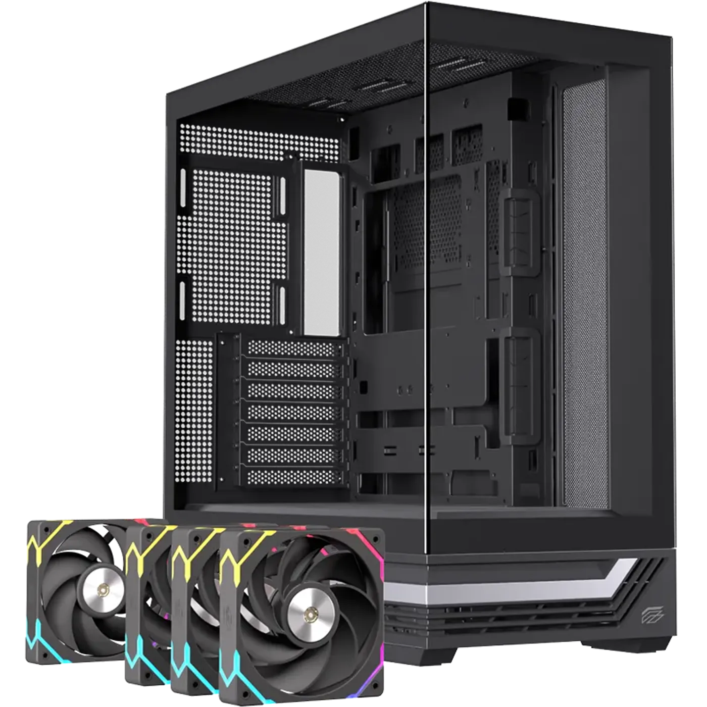 Black RGB version of the PRISMA S800 case showcasing 3 RGB fans on the side and 1 RGB fan on the rear.