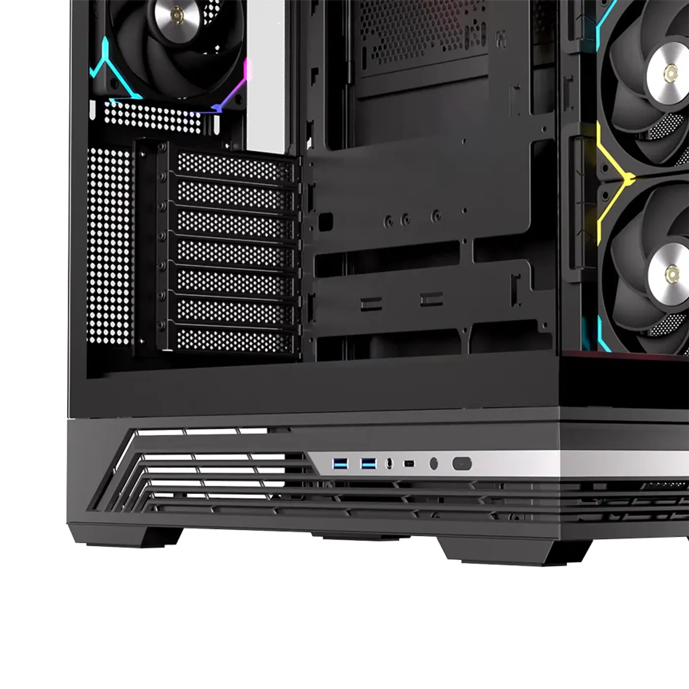 Front panel ports of the S800 case including USB 3.2 Type-C Gen 2 and 2x USB 3.0 ports.
