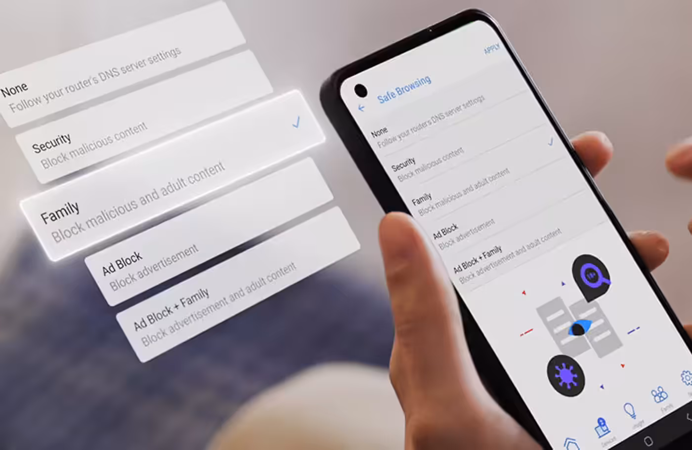 Smartphone displaying the Safe Browsing user interface options