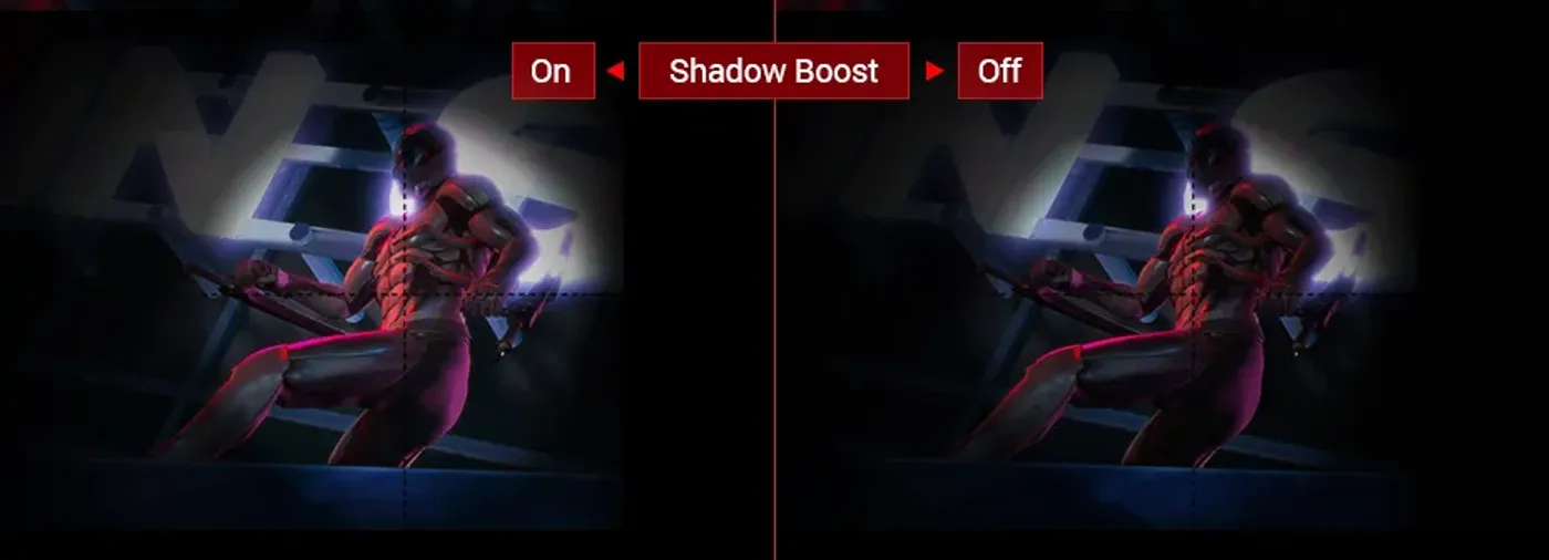 Demonstration of Shadow Boost improving visibility in dark game areas