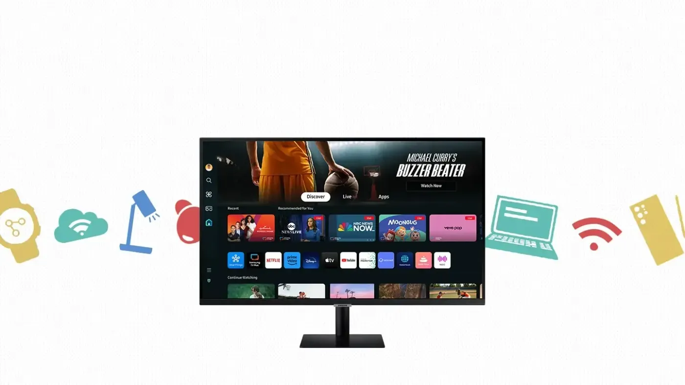 Samsung M70D 32-inch UHD Smart Monitor displayed in a home office or entertainment room setup