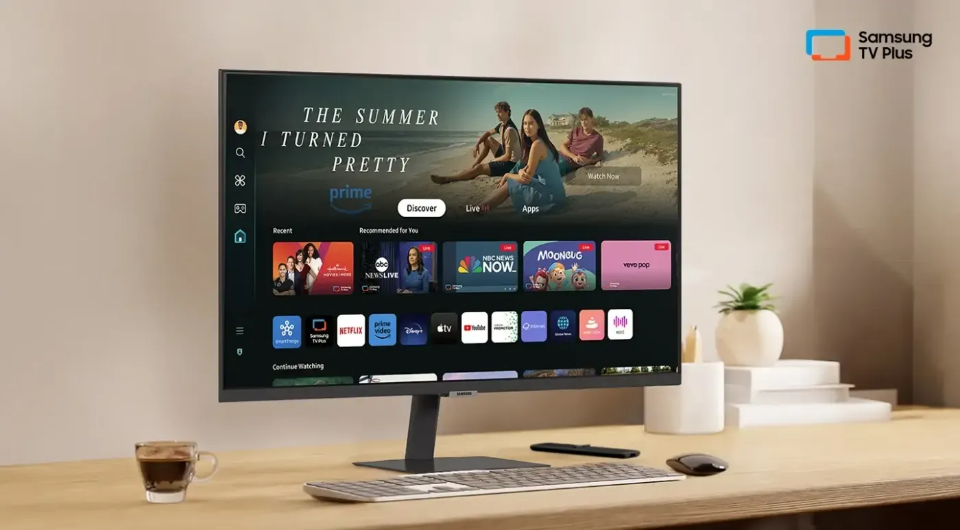 Samsung M70D 32-inch Smart Monitor showcasing integrated OTT streaming applications
