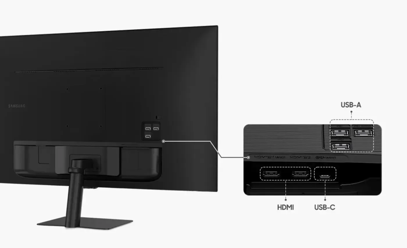 Rear view of the Samsung 32-Inch 4K UHD Smart Monitor highlighting multiple connectivity ports
