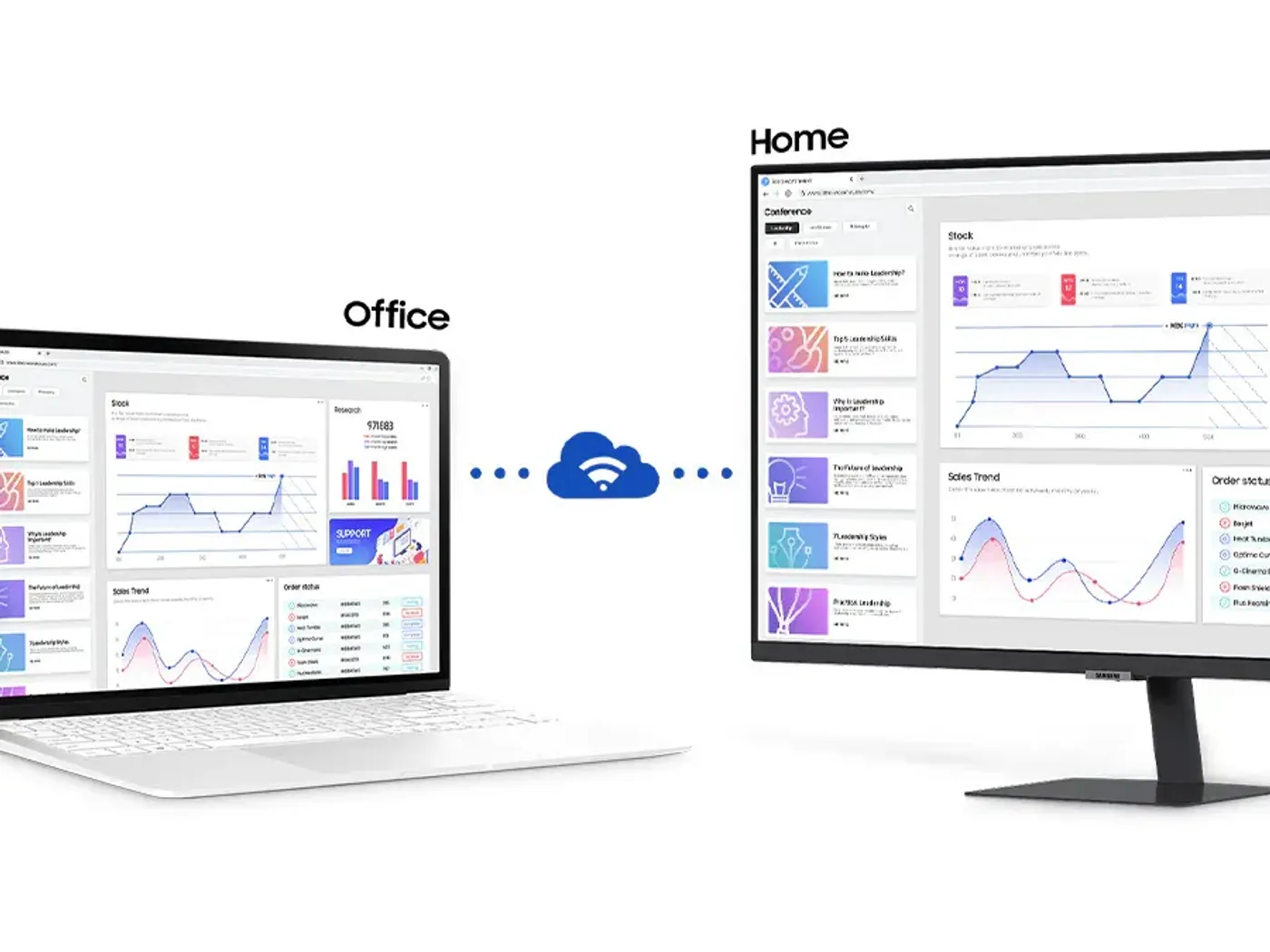 Samsung Smart Monitor displaying remote workspace management and productivity applications
