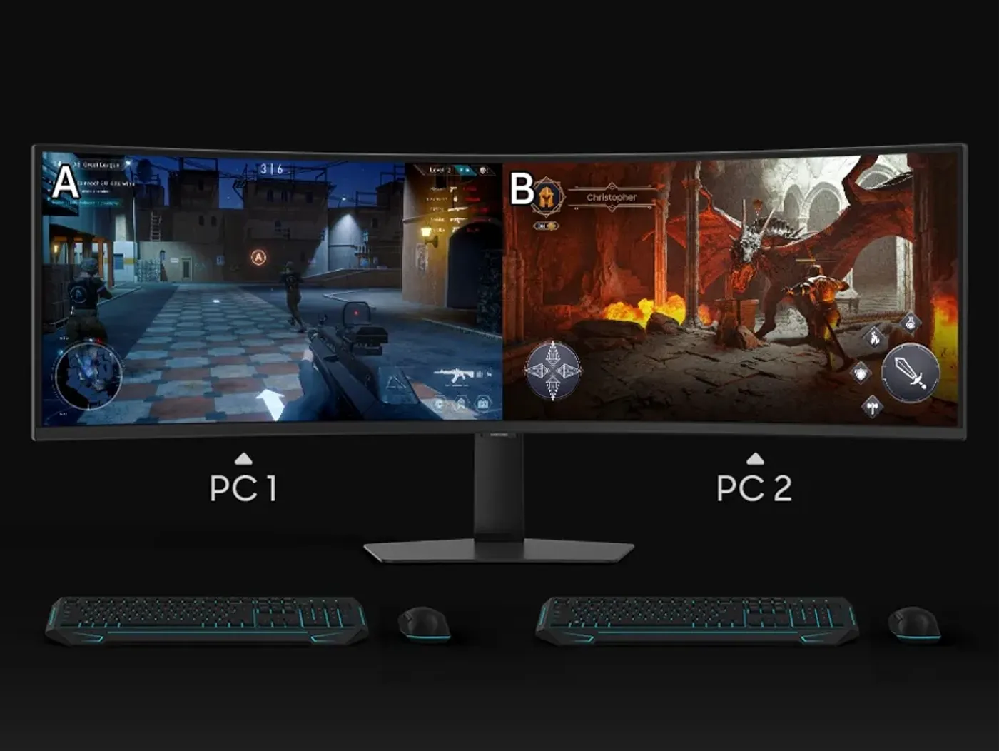 Samsung Odyssey G9 screen showing split-screen multitasking options