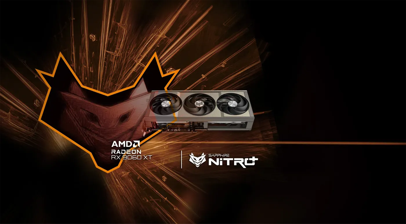 Front view showcase of the Sapphire NITRO+ RX 9060 XT OC 16GB graphics card