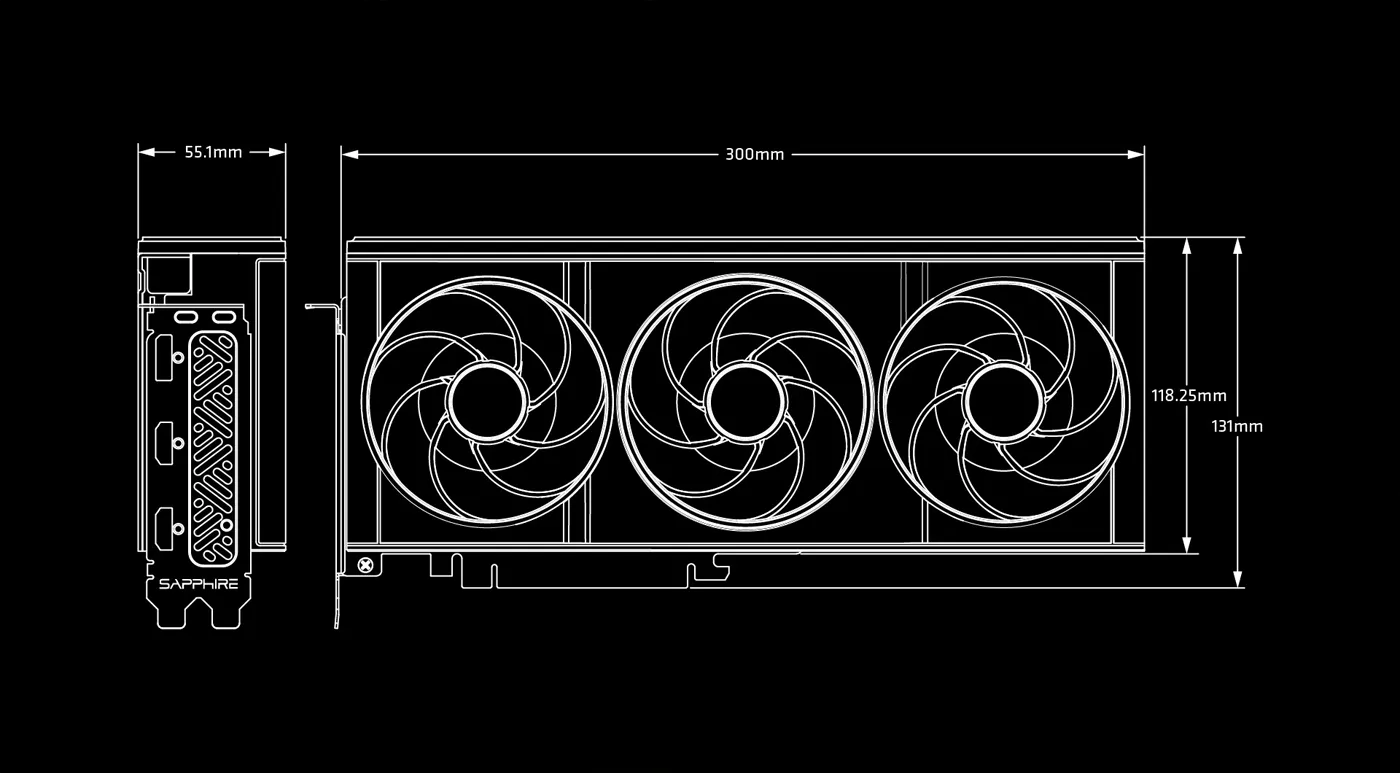 Desktop View of Sapphire RX 9060 XT GPU Side Profile SAPPHIRE RX 9060 XT Desktop Side Showcase