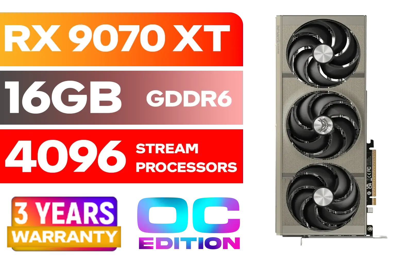 SAPPHIRE NITRO+ RX 9070 XT Gaming OC 16GB Graphics Card / 16GB GDDR6 Memory / 4096 Stream Processors / 256-bit Memory Interface / Boost Clock : 3060 MHz / AMD RDNA™ 4 Architecture / 64 Ray Accelerators / 11348-01-20G