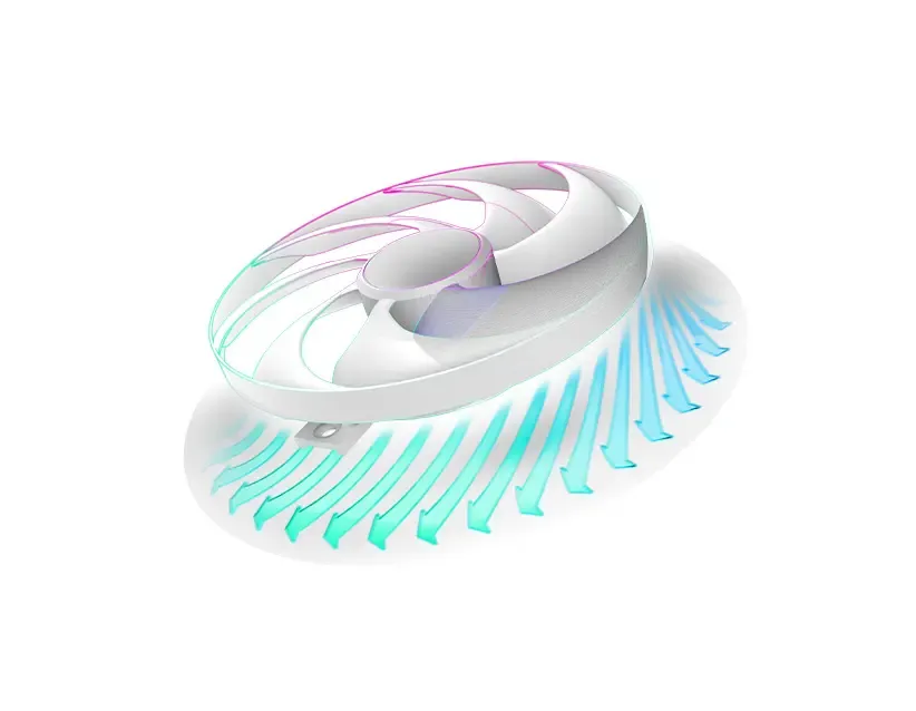 GPU cooling fan with AeroCurve blades and heat dissipation components for optimal thermal performance