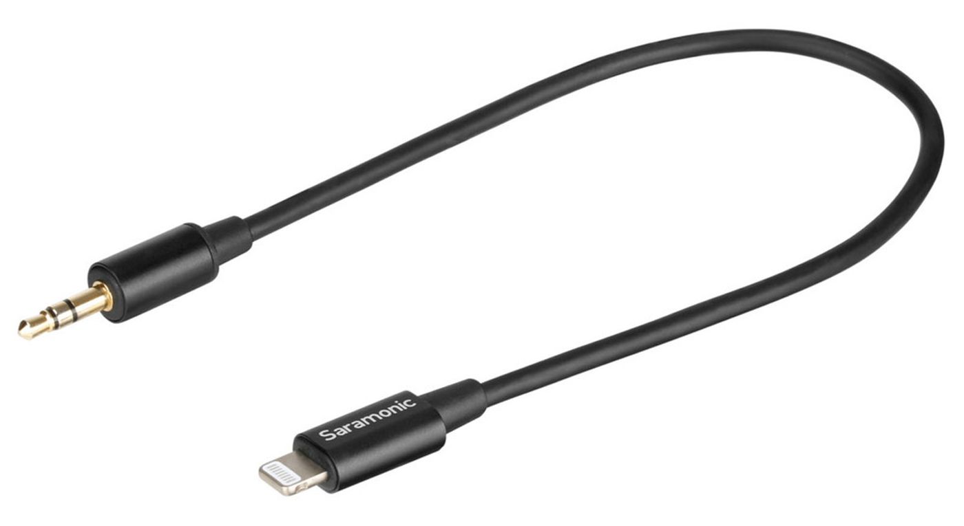 Saramonic SR-C2000 adapter showing 3.5mm TRS to Lightning connection