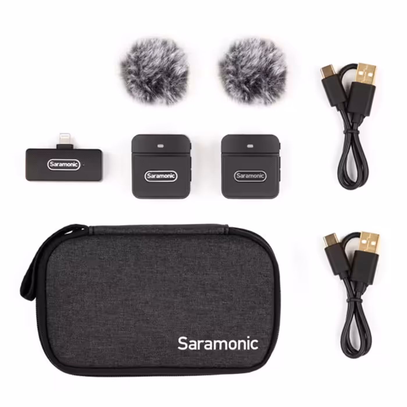 Contents of the Saramonic Blink 100 B4 kit laid out with its carry pouch