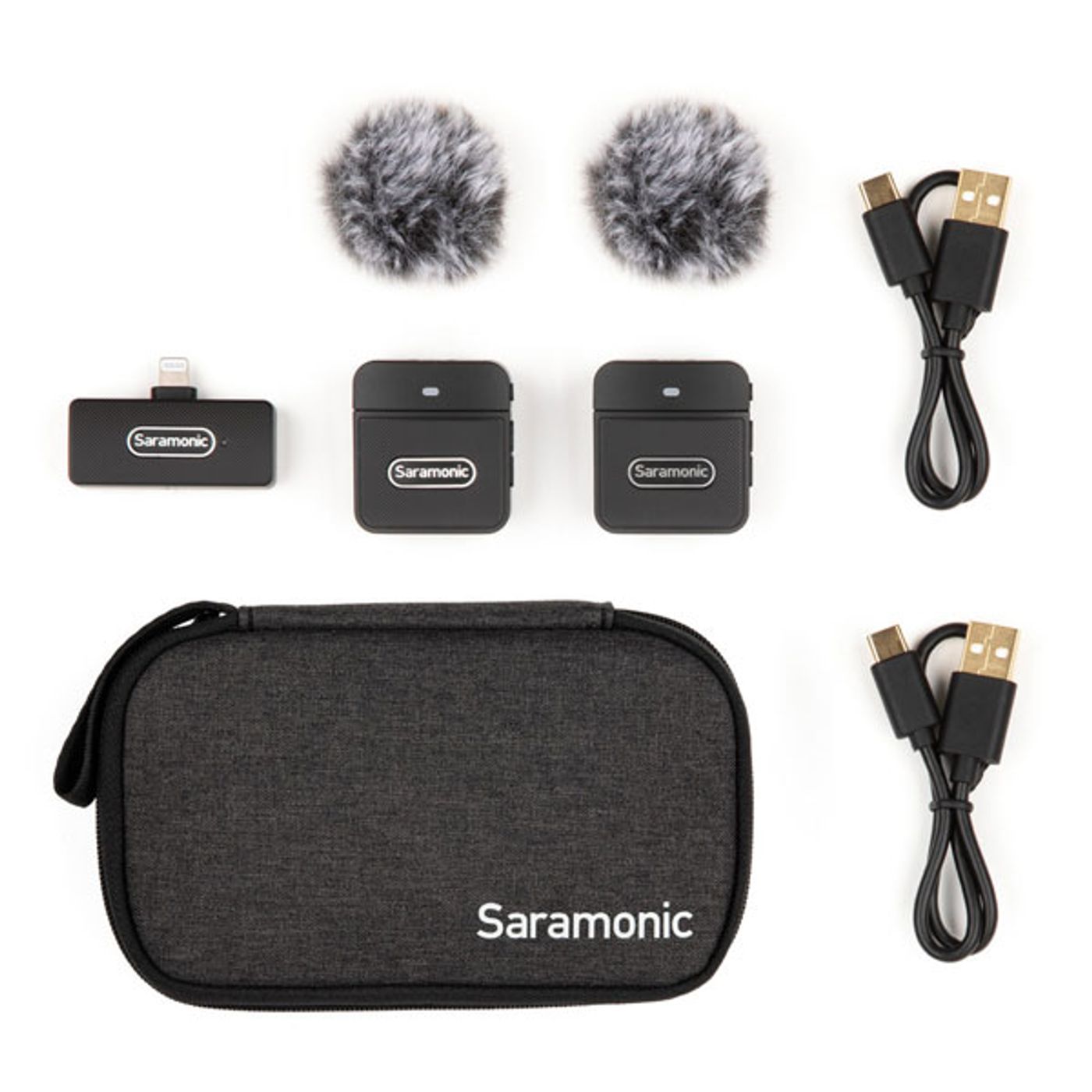 Full contents of the Saramonic Blink 100 B4 package including pouch and windscreens