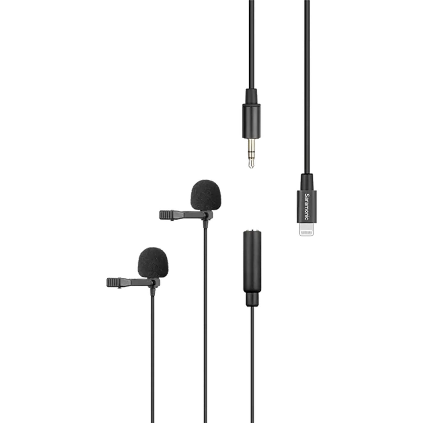 Saramonic LavMicro U1A clip-on lavalier microphone with its detachable Lightning plug adapter and cable