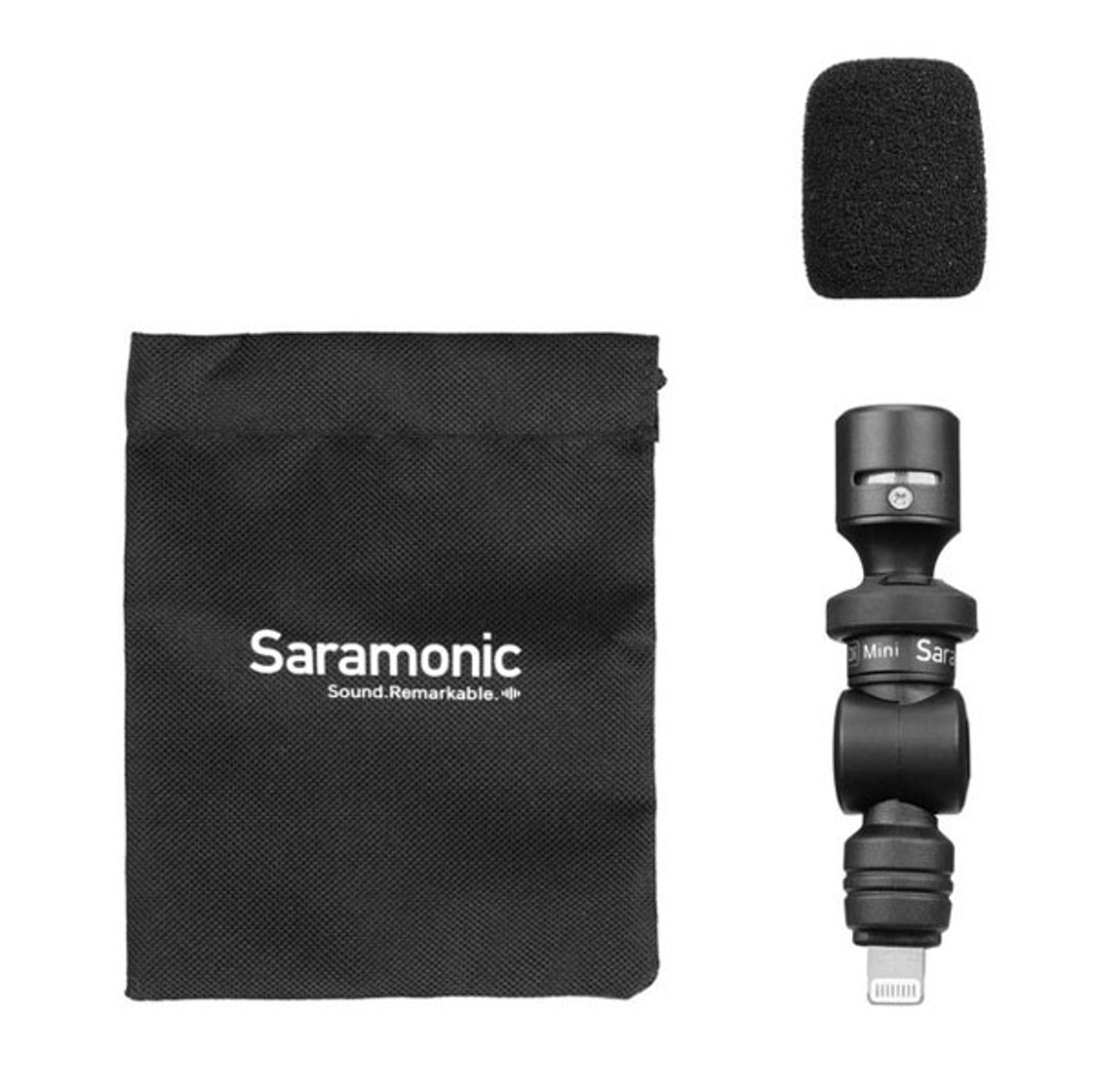 Saramonic SmartMic Di Mini shown with its foam windscreen and drawstring travel pouch