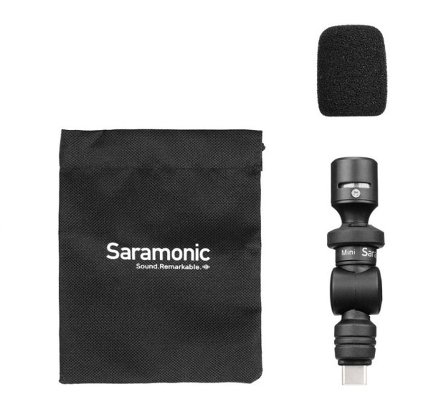 Saramonic SmartMic UC Mini package contents including the foam windscreen and travel pouch