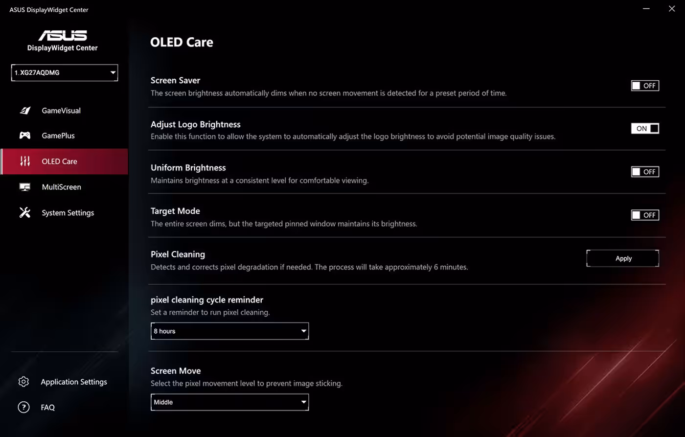 ASUS DisplayWidget interface highlighting OLED pixel cleaning and protection settings