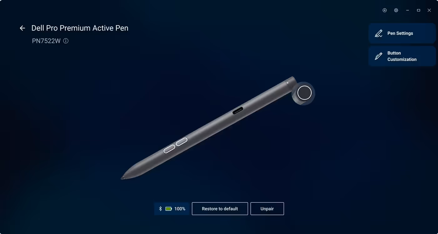 Dell Active Pen displaying programmable button shortcuts