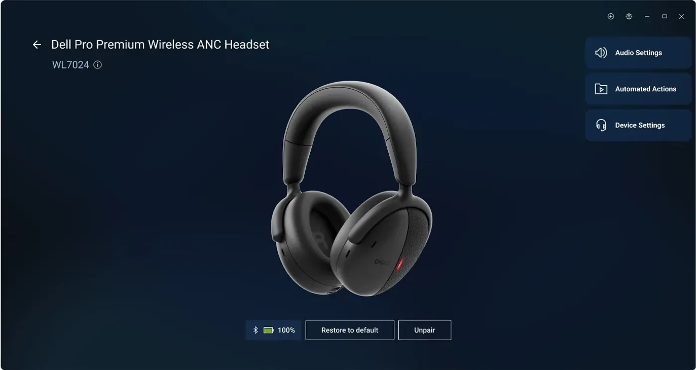 Dell headset showcasing Active Noise Cancellation and device management software