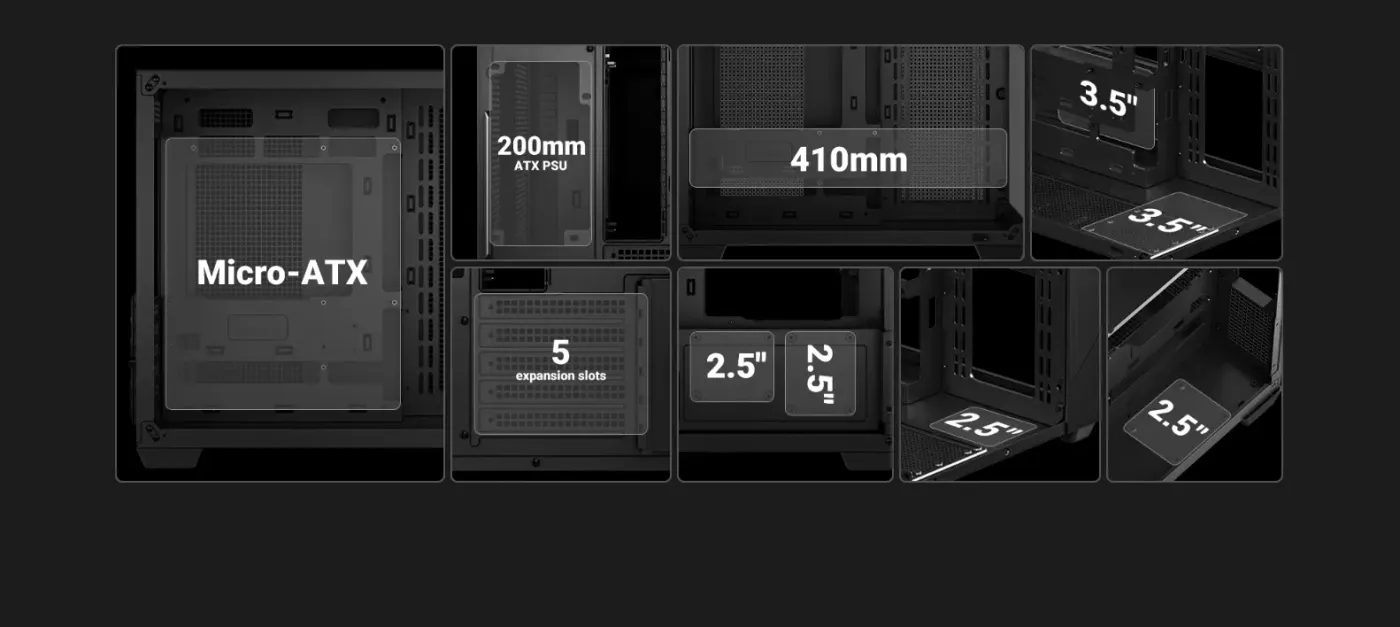 Case showcasing hardware compatibility for GPUs PSUs and cooling