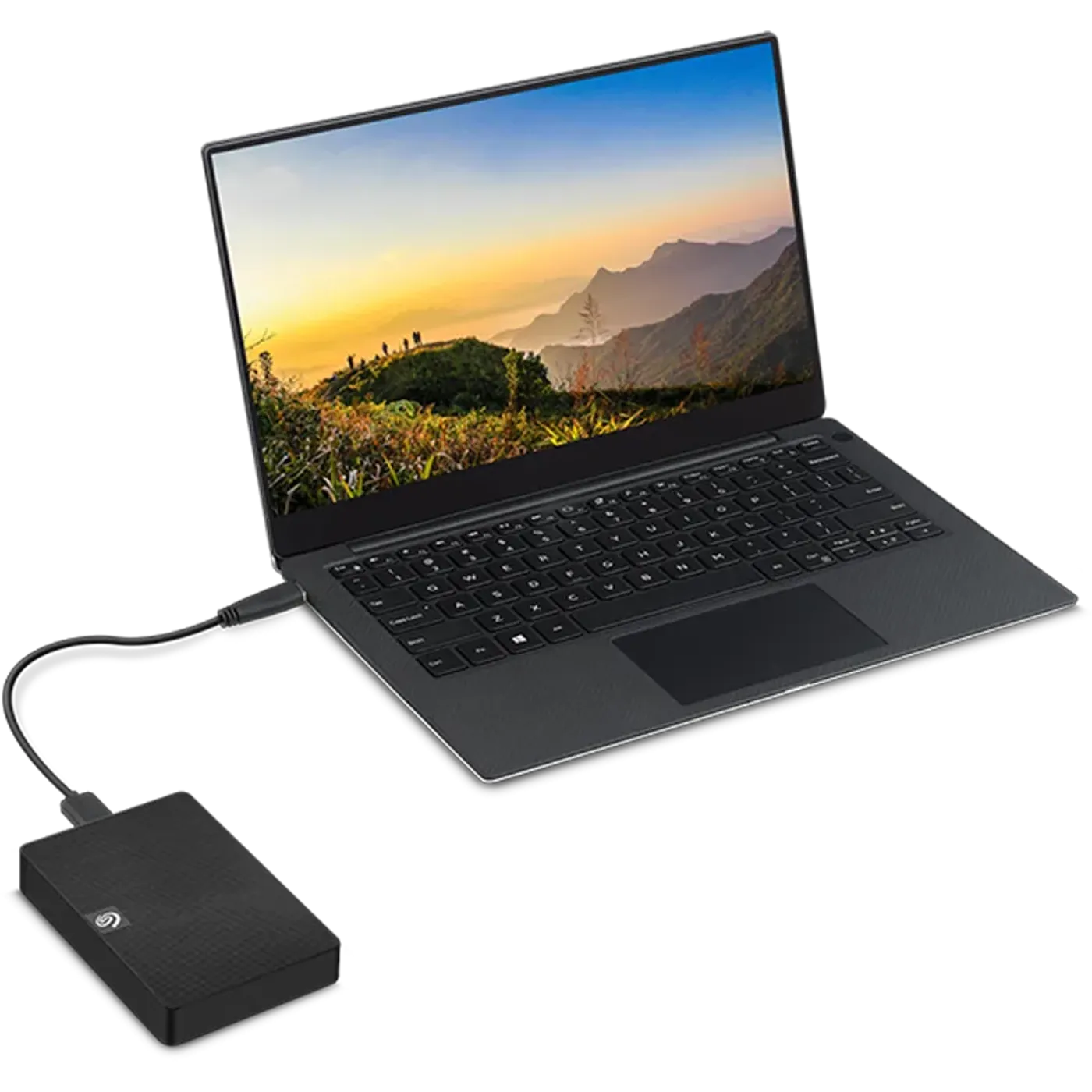 Seagate Expansion 5TB portable external hard drive with its USB cable