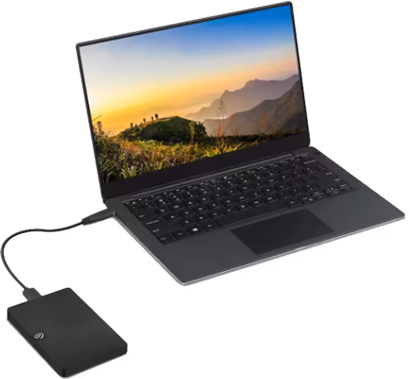 Seagate Expansion Portable 1TB external hard drive connected by its USB cable