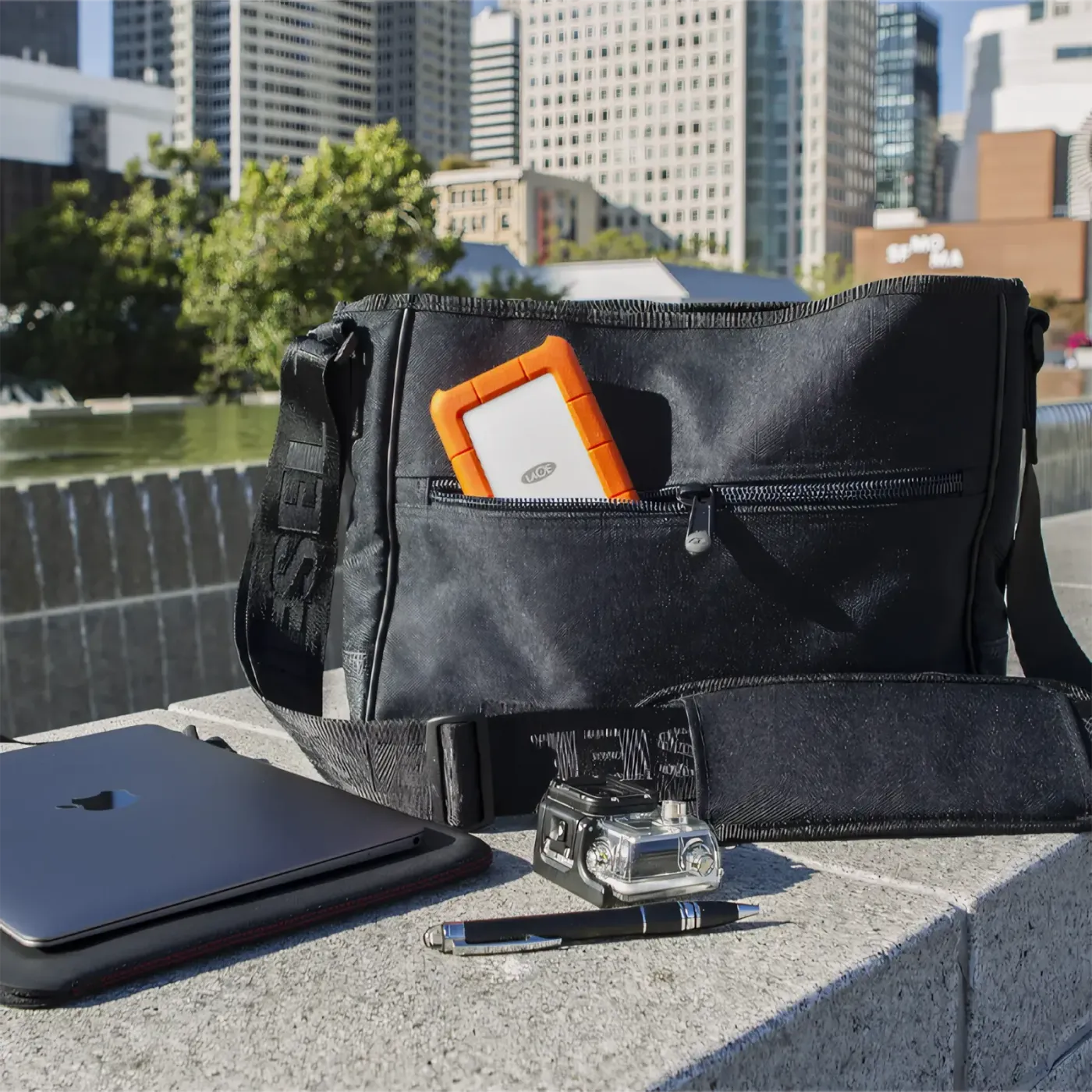 LaCie Rugged hard drive demonstrating durability in an urban setting