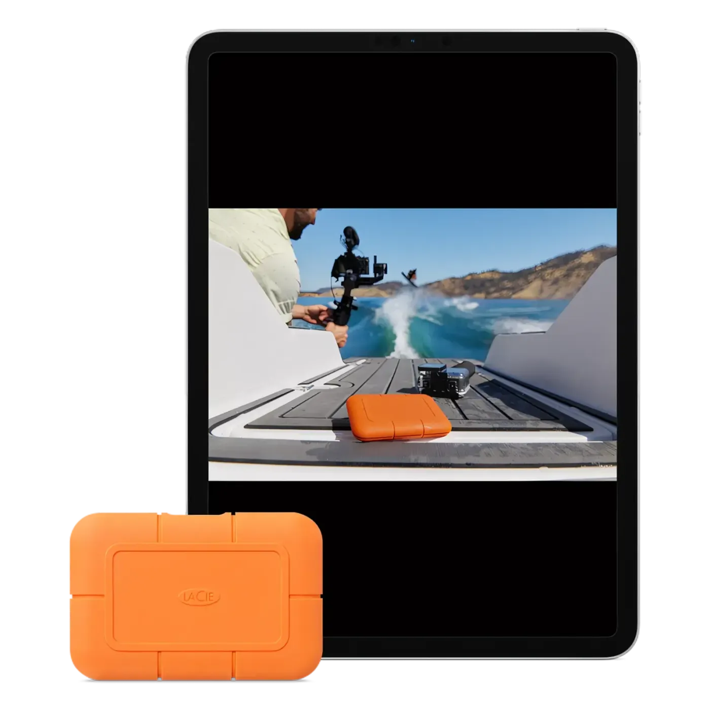 LaCie external drive connected to an iPad via USB-C for mobile file management