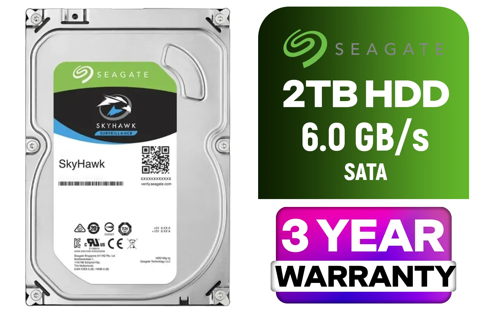 Seagate SkyHawk 2TB SATA 6.0Gb/s 3.5" Video Surveillance Hard Drive / 256MB Cache / 5400 RPM Spindle Speed / Up to 180MB/s Data Transfer / ST2000VX017