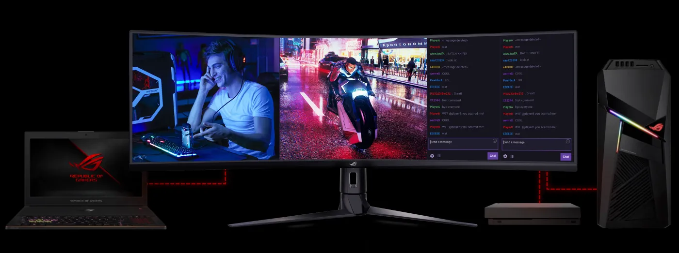 Super-ultra-wide monitor showing three simultaneous content sources
