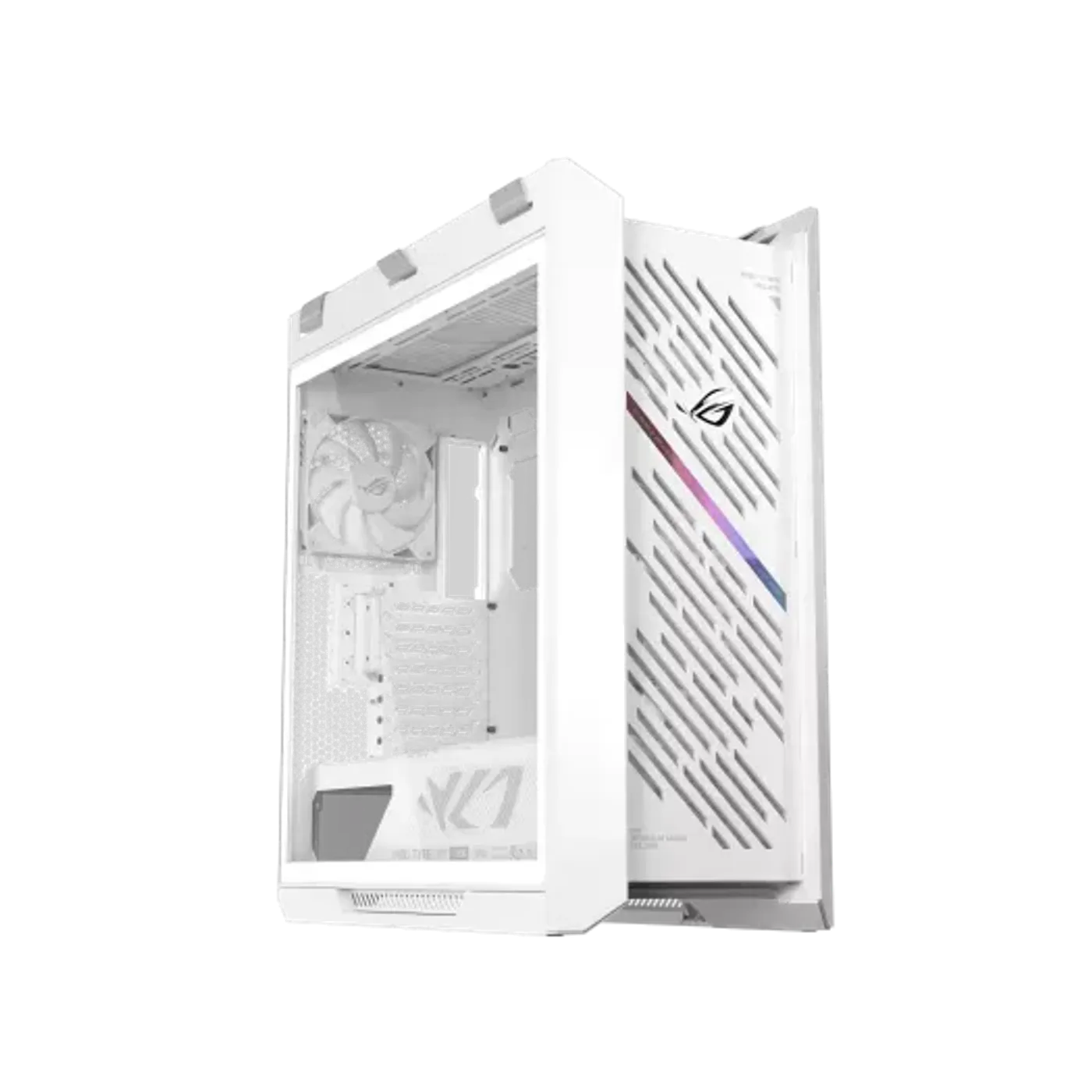 ROG Strix Helios II White Edition showcasing dual tempered glass and aluminum front