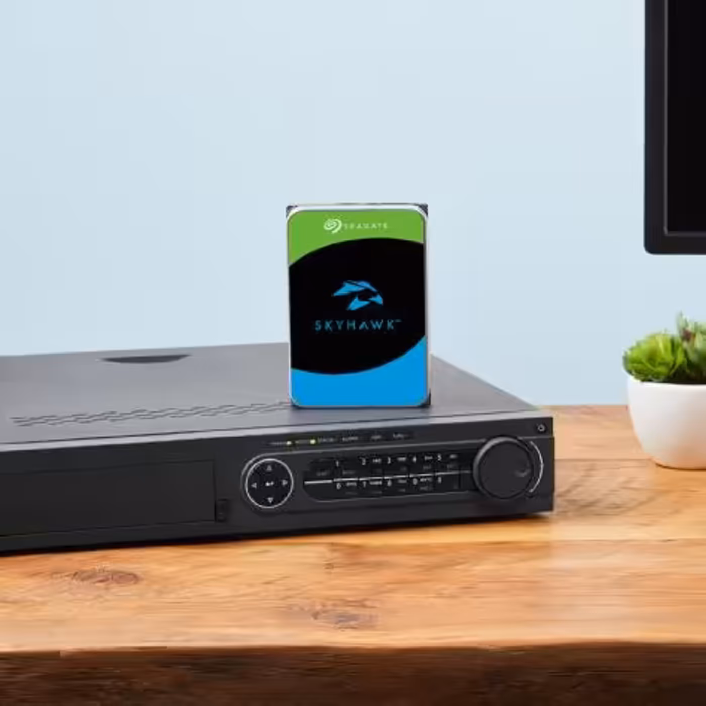 SkyHawk surveillance hard drive sitting on a desk surface