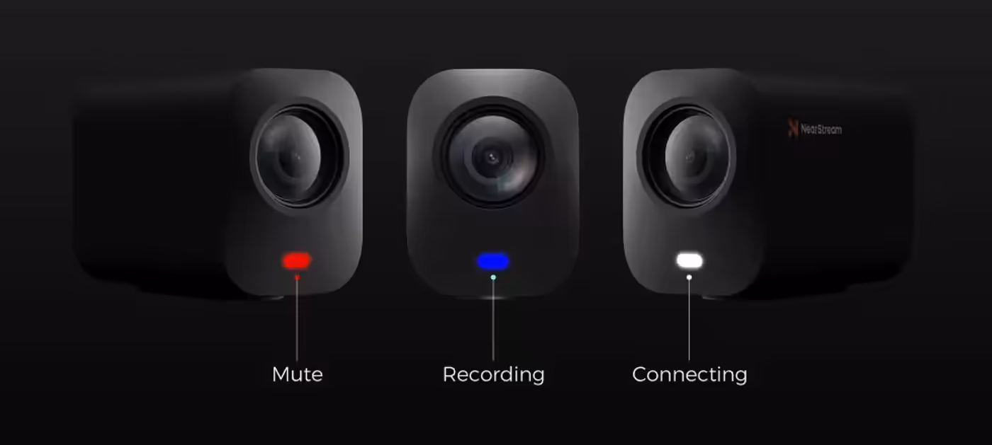 NearStream VM20 camera showing LED status indicators for connection, recording, and mute