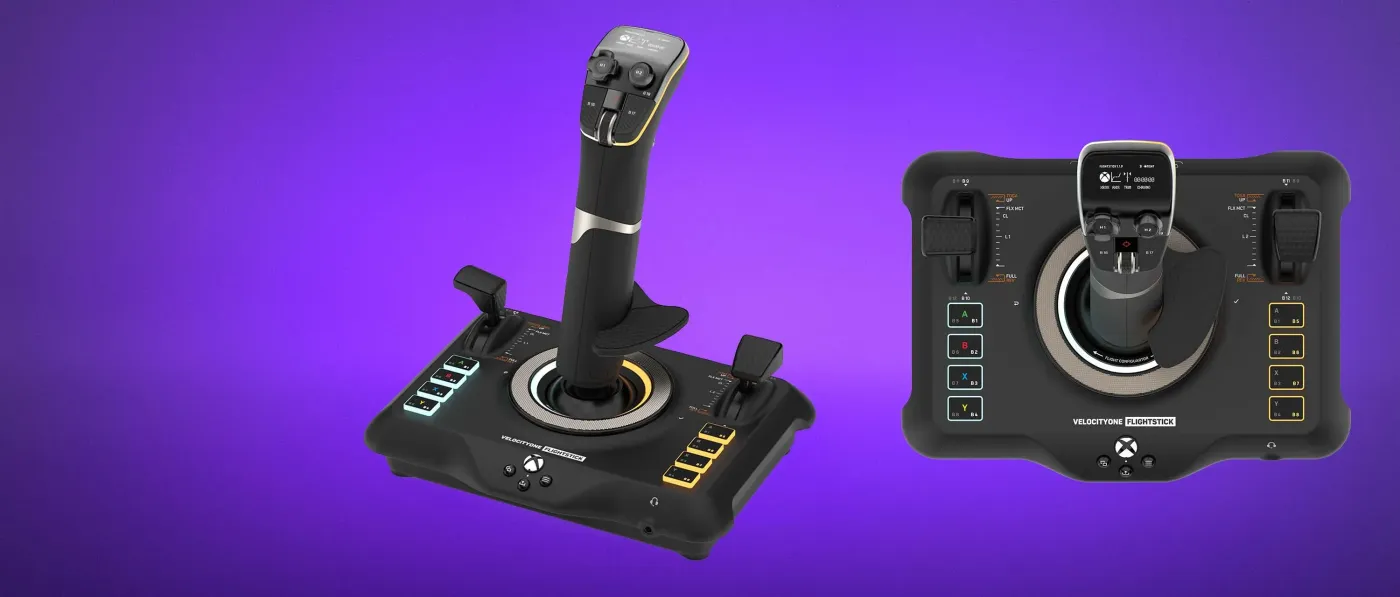 Flight stick controller showcasing joystick and control buttons on purple background