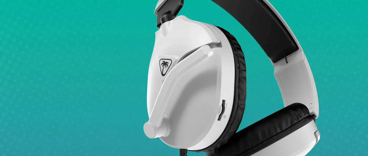 Close-up of white Turtle Beach gaming headset showcasing key features and design details