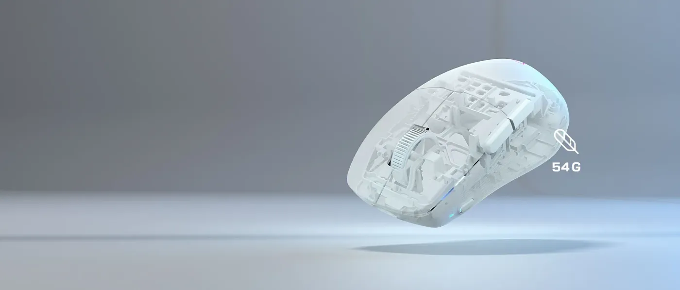 Transparent view of the Pure Air gaming mouse highlighting its 54g ultra-lightweight internal construction