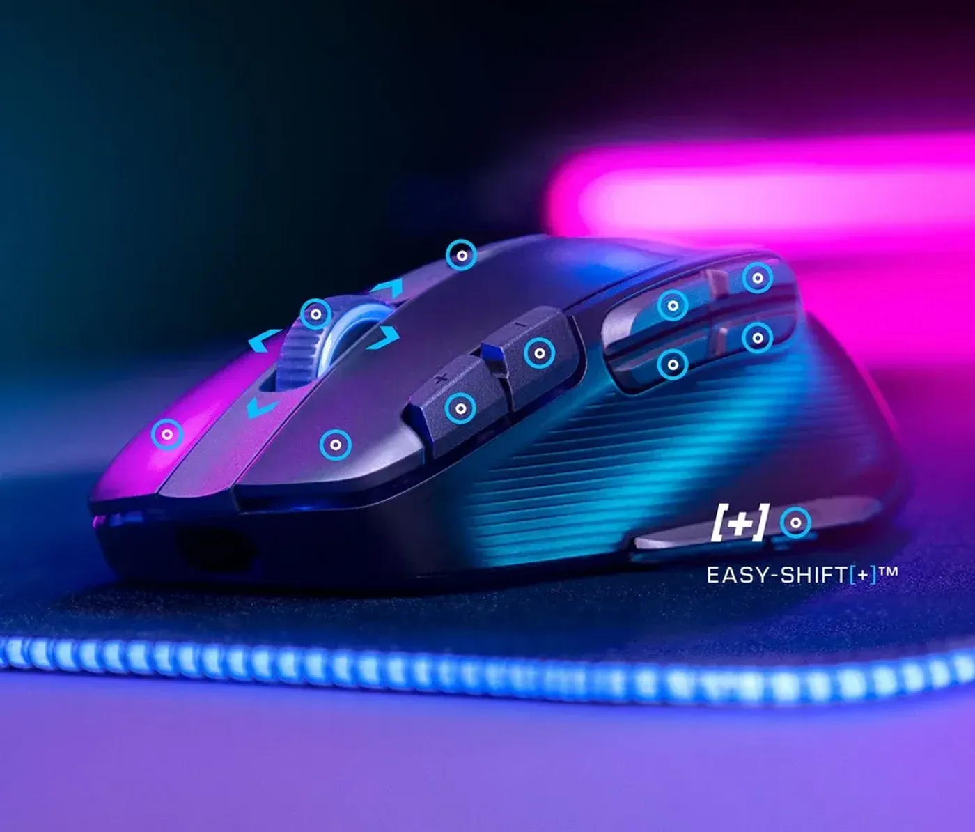 Close-up of the Kone XP Air showing ergonomic shape and 4D scroll wheel