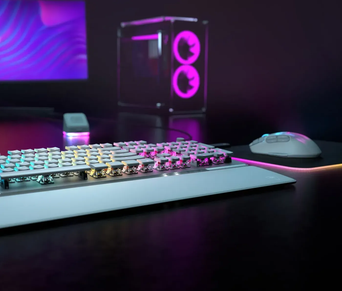 Close-up of gaming keyboard with backlit keys and modern design