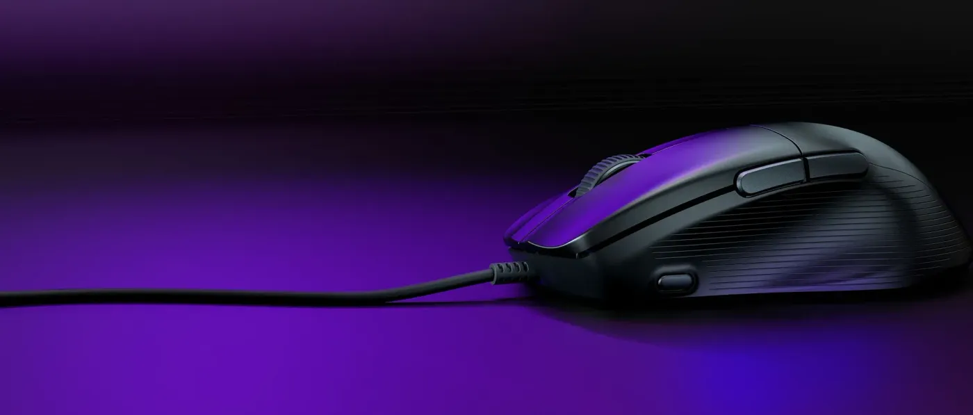 Sleek black ergonomic gaming mouse with textured side grips and scroll wheel
