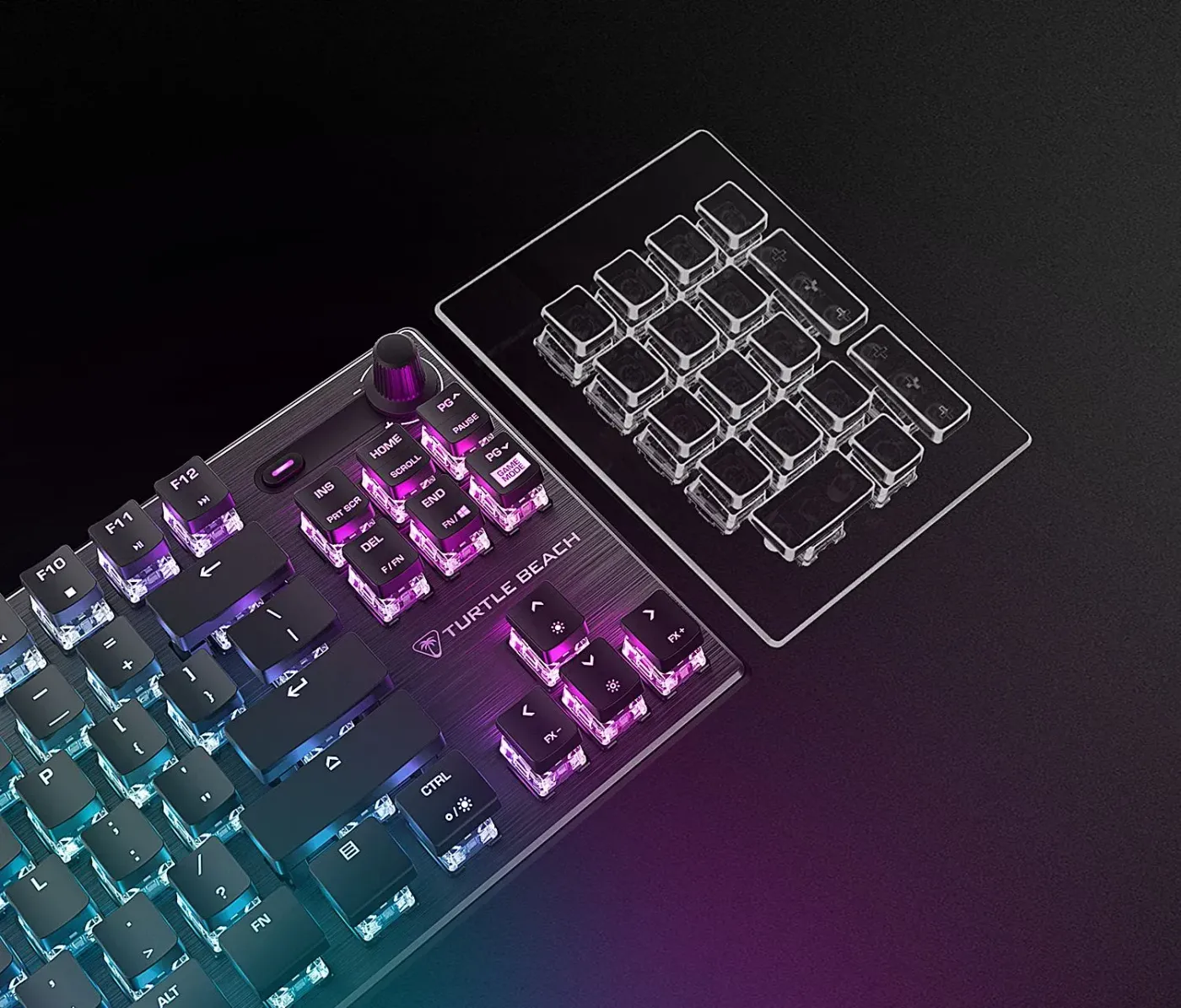 Tenkeyless gaming keyboard with RGB lighting shown on a dark surface