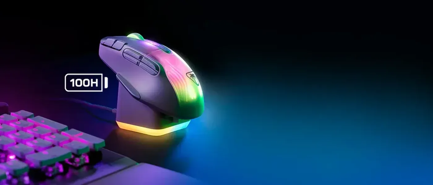 Gaming mouse on a desk highlighting 100-hour battery life capability