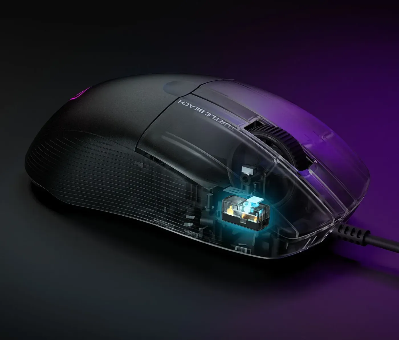 Internal view of mechanical switches and underside glides on a transparent gaming mouse