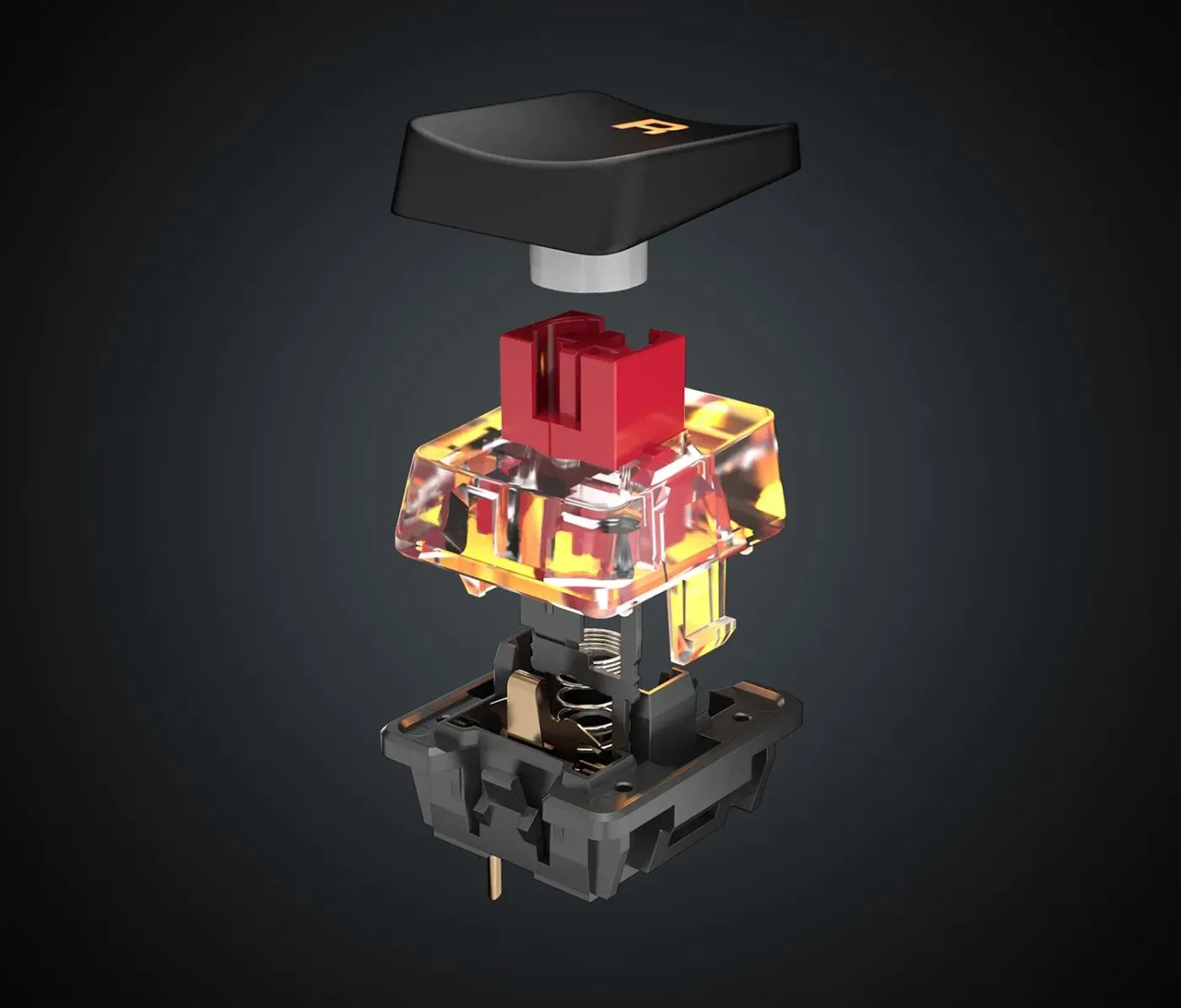 Exploded view of a mechanical keyboard switch showing spring, casing, and keycap