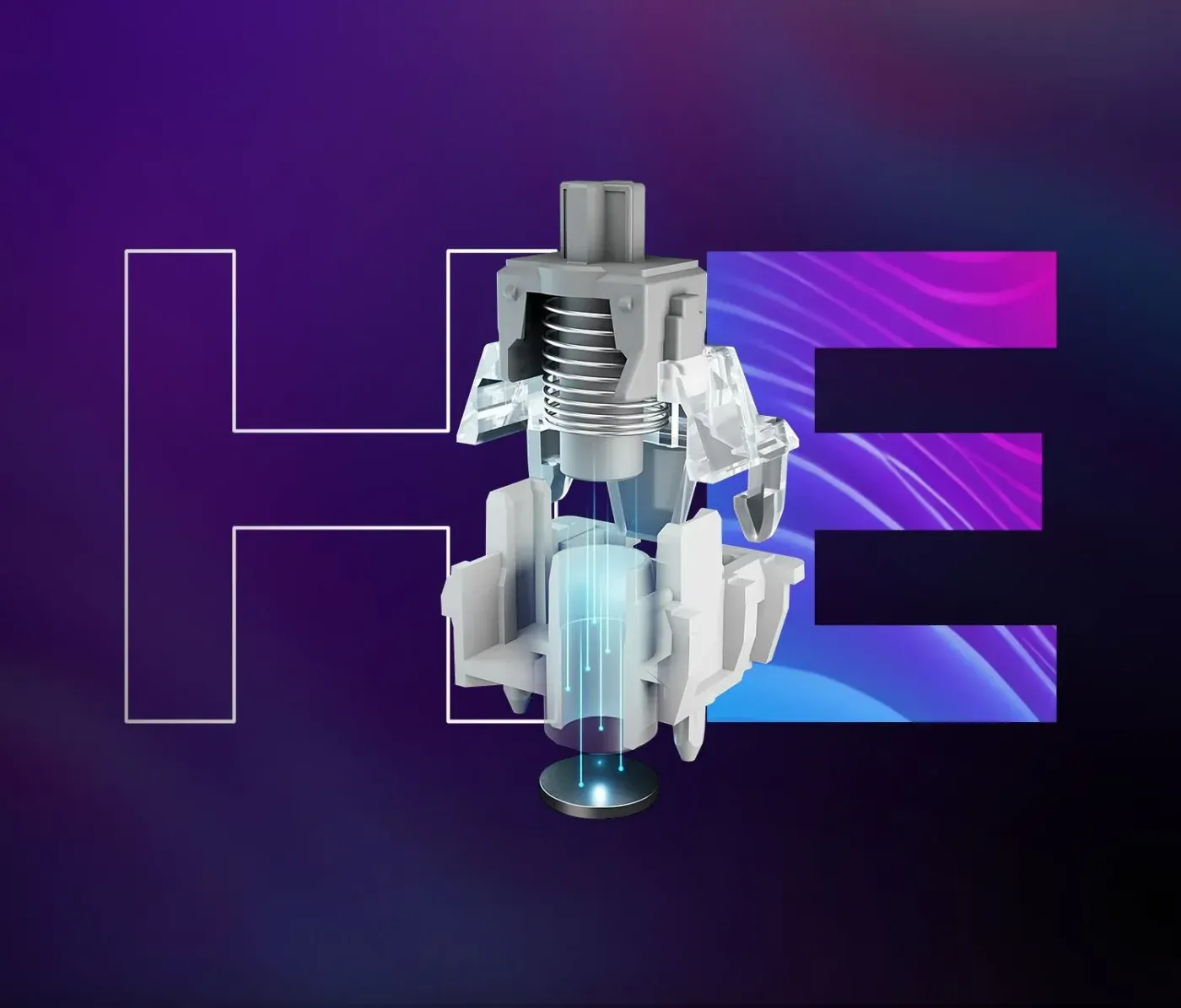 A futuristic mechanical component is displayed against a gradient purple background, with stylized letters "H" and "E" nearby.