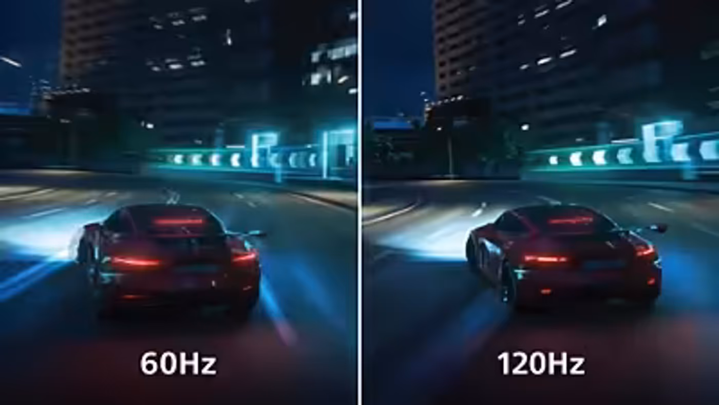 Monitor screen highlighting the benefits of a 120Hz refresh rate for smooth visuals
