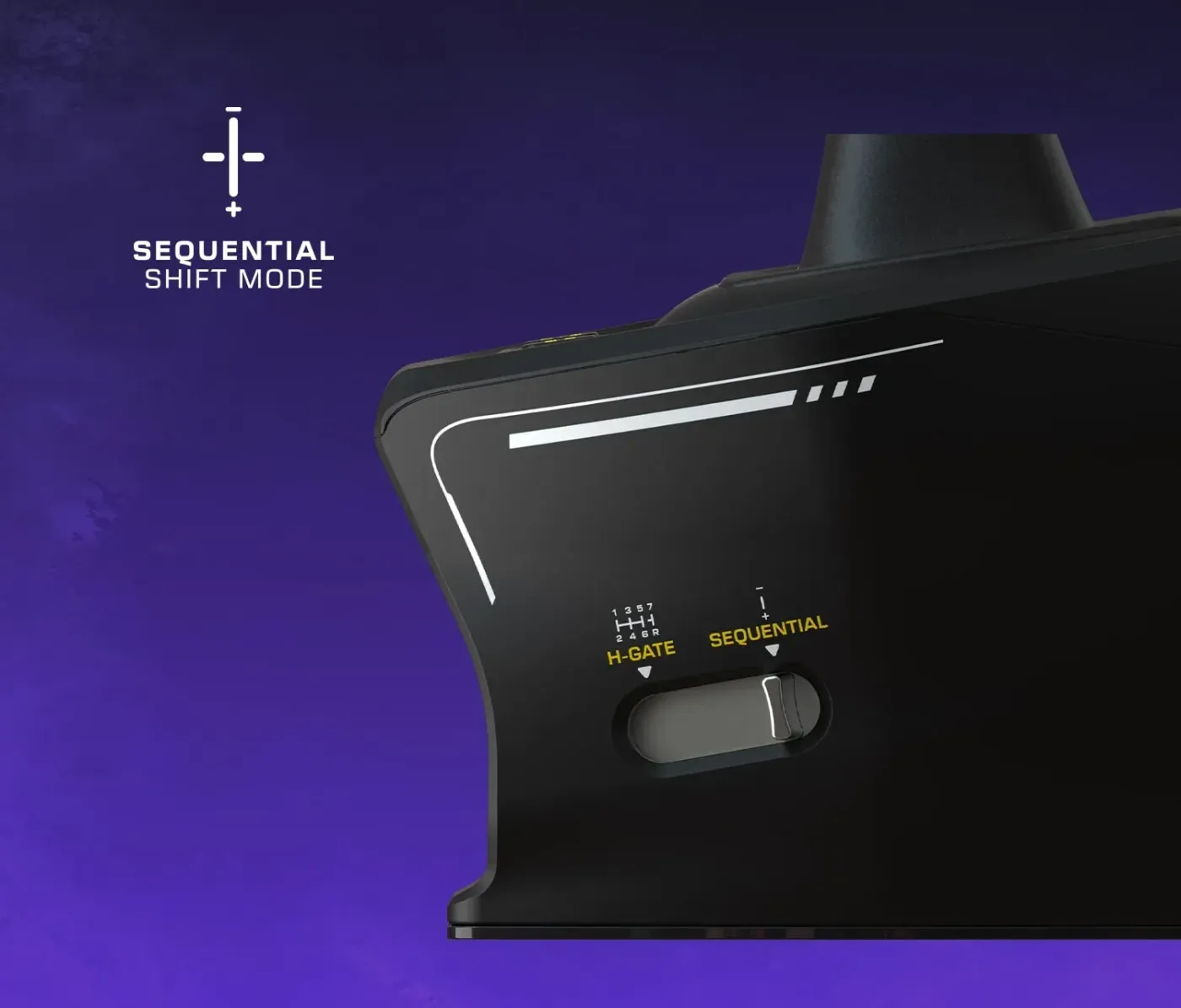 Sleek black gear shifter featuring a Sequential Shift Mode indicator on a purple background