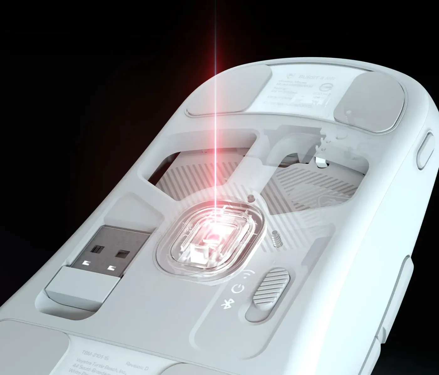 Close-up of the internal Owl-Eye optical sensor featuring 26K DPI and 650 IPS tracking