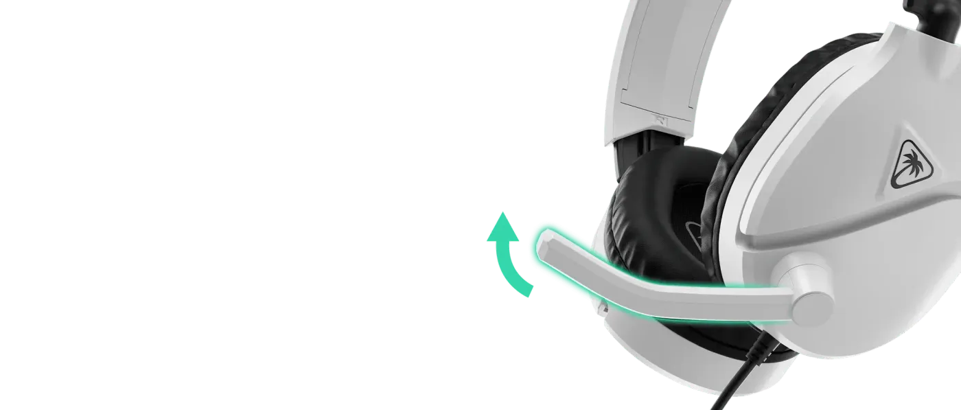 White gaming headset with flexible flip-to-mute microphone arm highlighted in close-up view