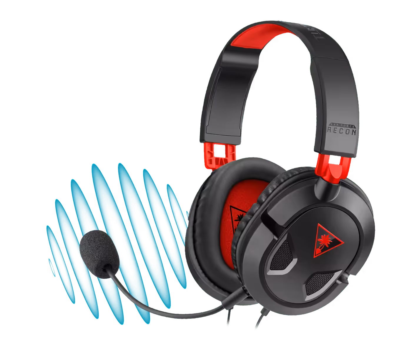 Black and red Recon 50 gaming headset with removable microphone and sound wave graphics
